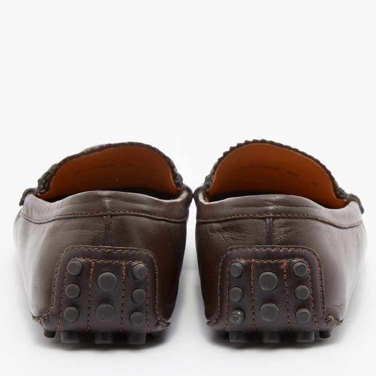 Pre Owned Gucci Dark Brown Leather Web Bamboo Horsebit Slip On Loafers Size 36