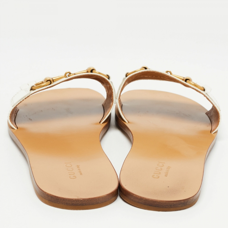 Pre Owned Gucci White Leather Fringe Trim Accent Slides Size 39