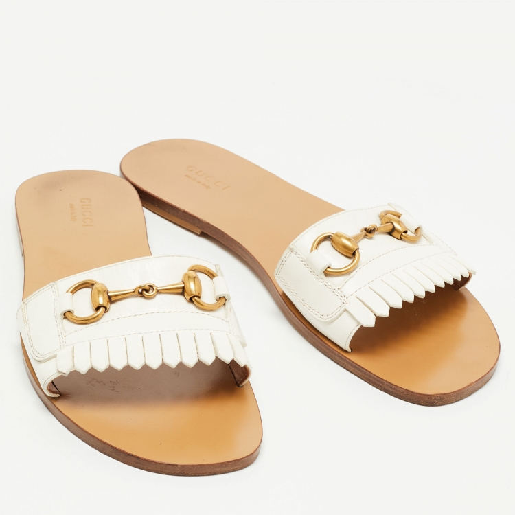 Pre Owned Gucci White Leather Fringe Trim Accent Slides Size 39