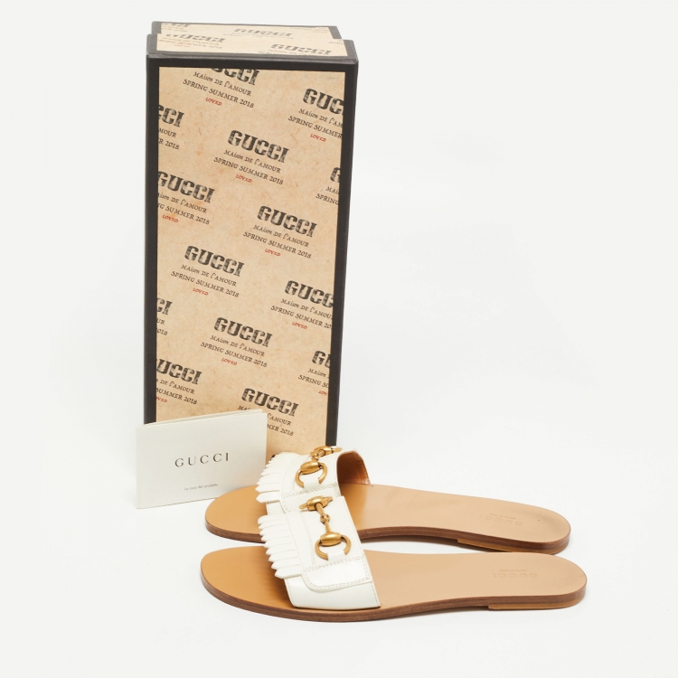 Pre Owned Gucci White Leather Fringe Trim Accent Slides Size 39