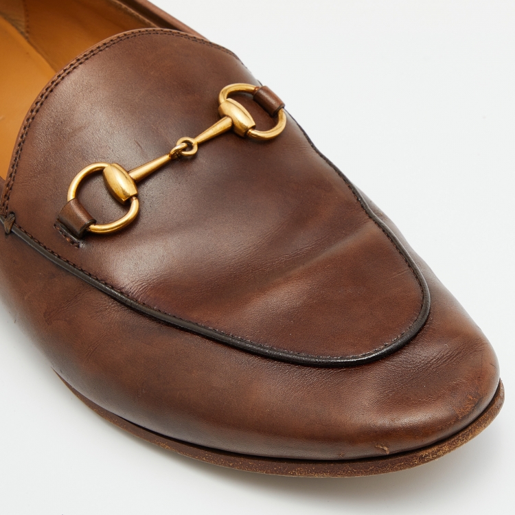 Pre Owned Gucci Brown Leather Jordaan Horsebit Slip On Loafers Size 38.5