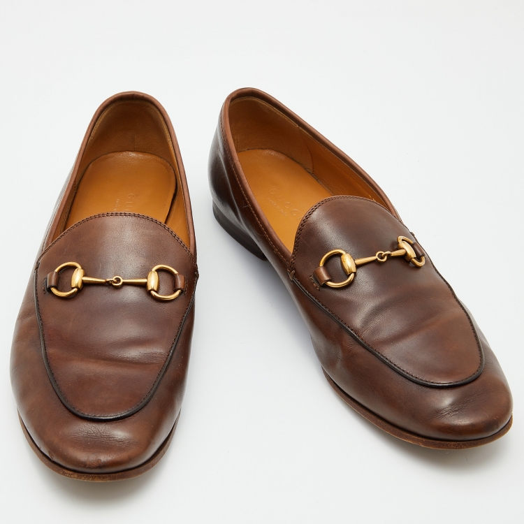 Pre Owned Gucci Brown Leather Jordaan Horsebit Slip On Loafers Size 38.5