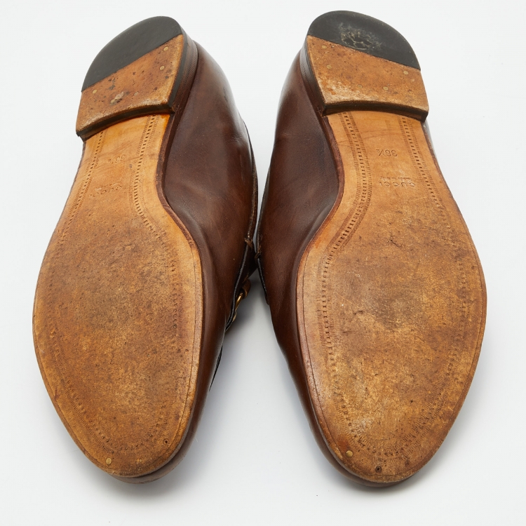Pre Owned Gucci Brown Leather Jordaan Horsebit Slip On Loafers Size 38.5