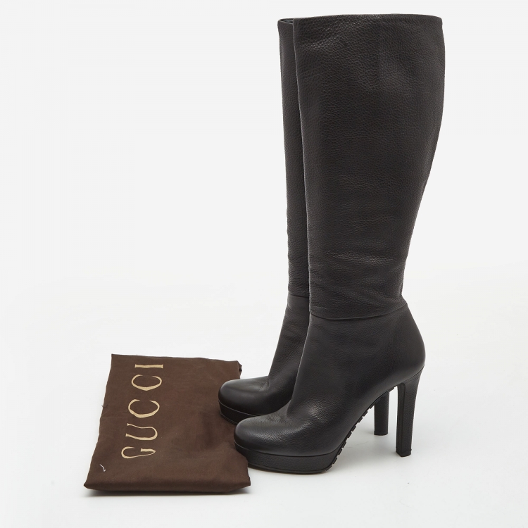 Pre Owned Gucci Black Leather Knee Length Boots Size 38.5 