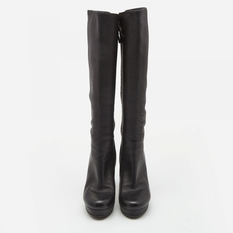 Pre Owned Gucci Black Leather Knee Length Boots Size 38.5 