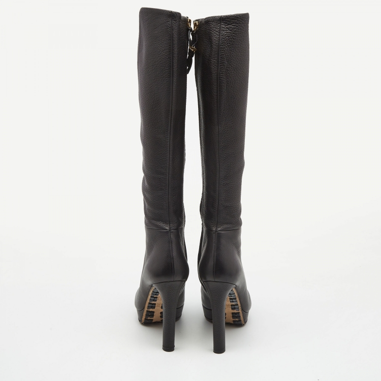 Pre Owned Gucci Black Leather Knee Length Boots Size 38.5 