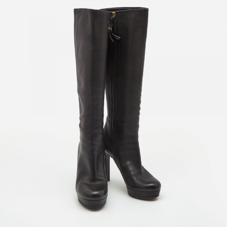 Pre Owned Gucci Black Leather Knee Length Boots Size 38.5 