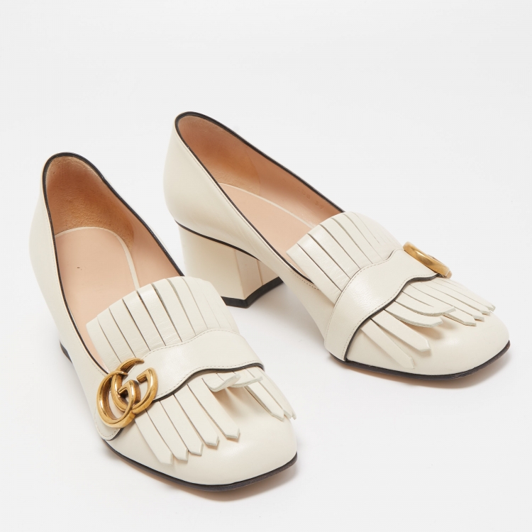 Pre Owned Gucci White Leather GG  Marmont Fringes Block Heel Pumps Size 39