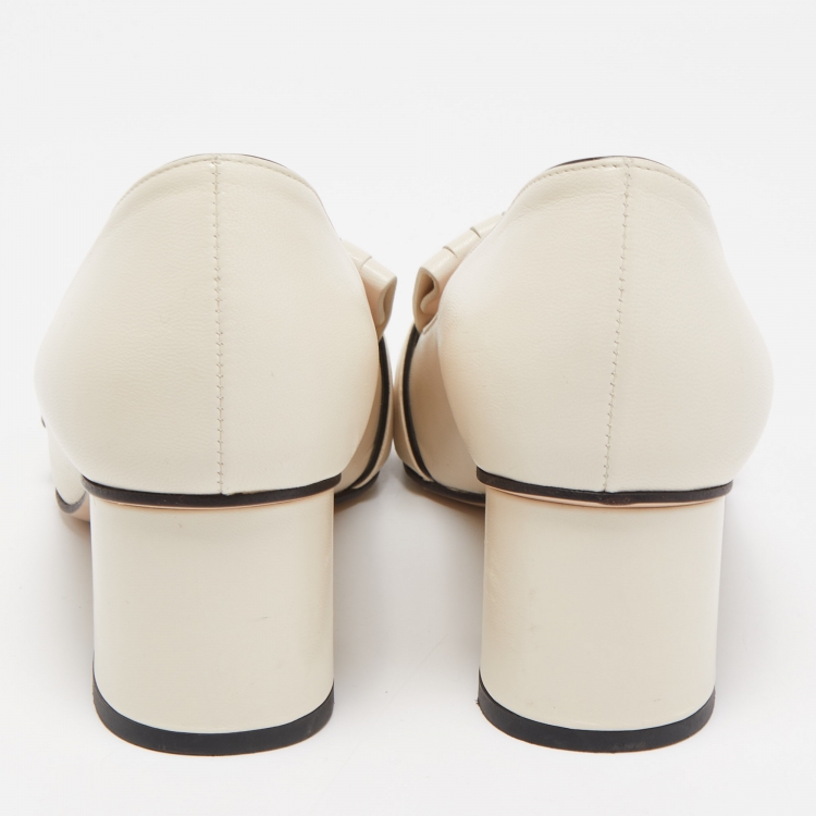 Pre Owned Gucci White Leather GG  Marmont Fringes Block Heel Pumps Size 39