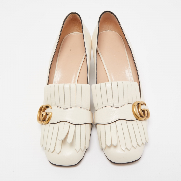 Pre Owned Gucci White Leather GG  Marmont Fringes Block Heel Pumps Size 39