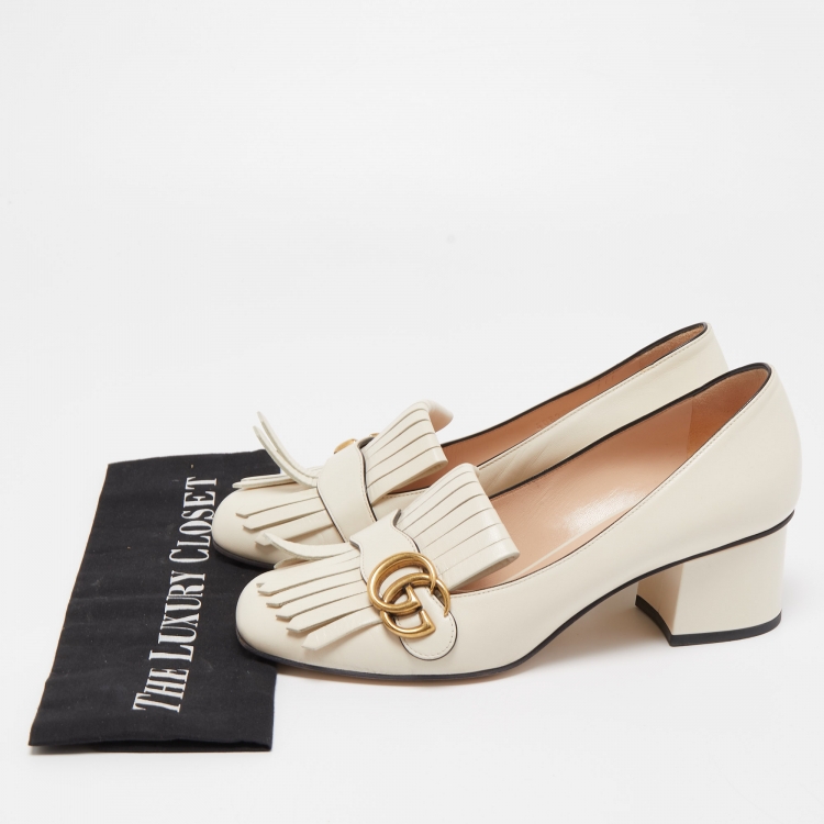 Pre Owned Gucci White Leather GG  Marmont Fringes Block Heel Pumps Size 39