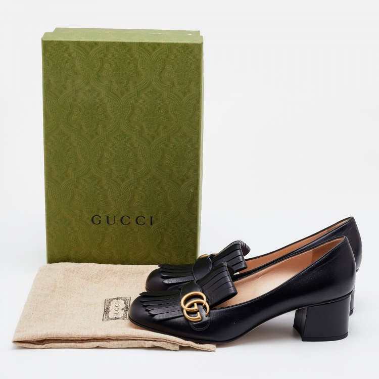 Pre Owned Gucci BlackLeather Double G Fringes Mid Heel Pumps Size 41