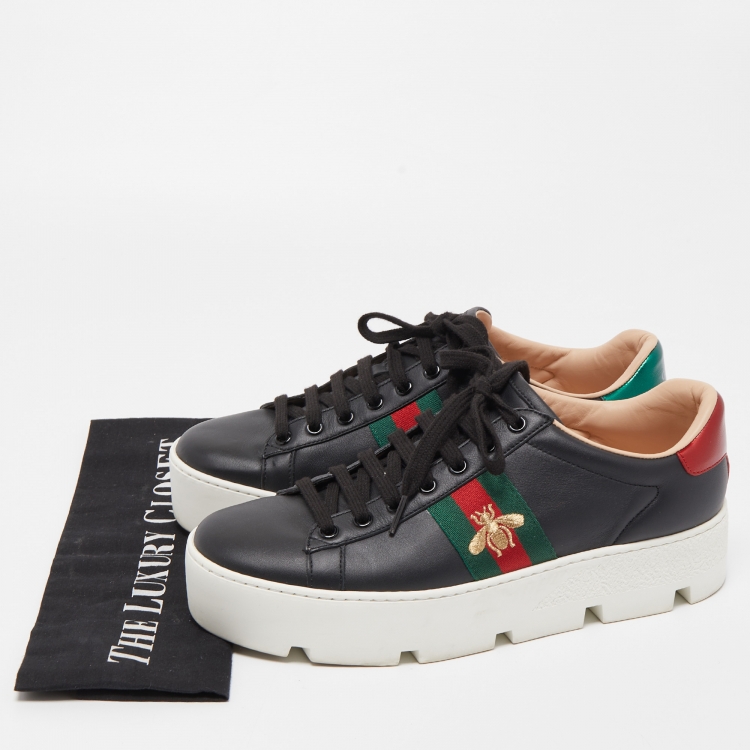 Pre Owned Gucci Black Leather Embroidered Bee Ace Platform Sneakers Size 38.5