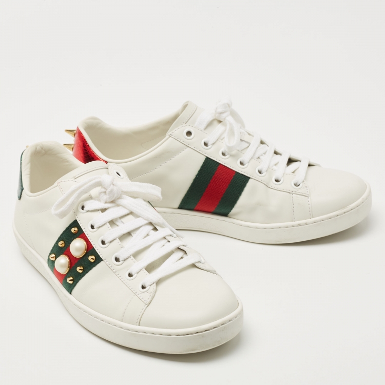 Pre Owned Gucci White/Green Leather Pearl Embellished Ace Sneakers Size 37