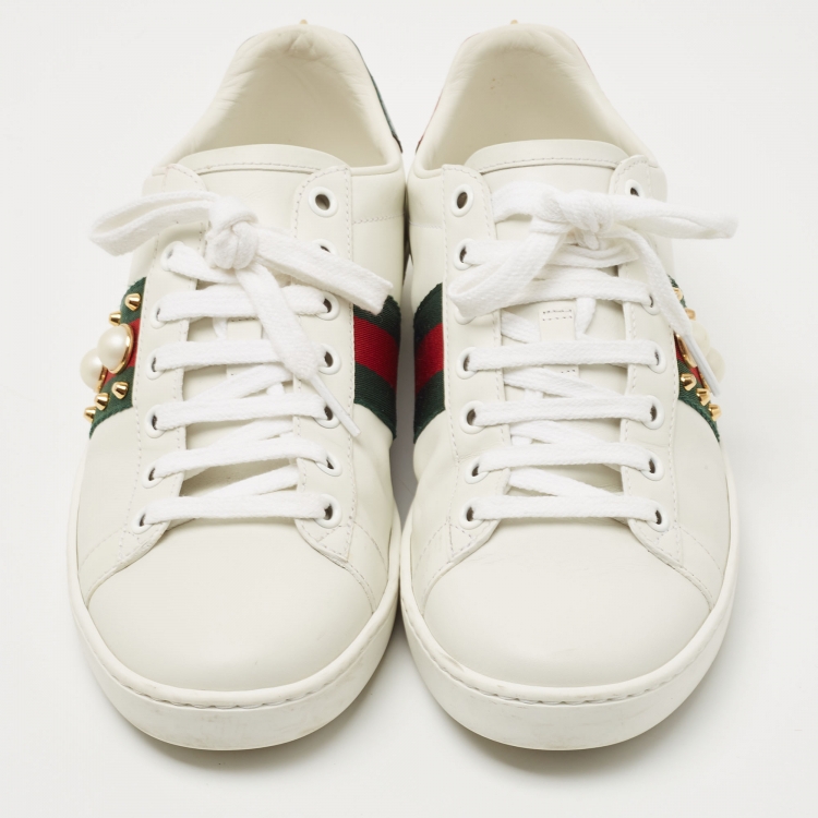 Pre Owned Gucci White/Green Leather Pearl Embellished Ace Sneakers Size 37