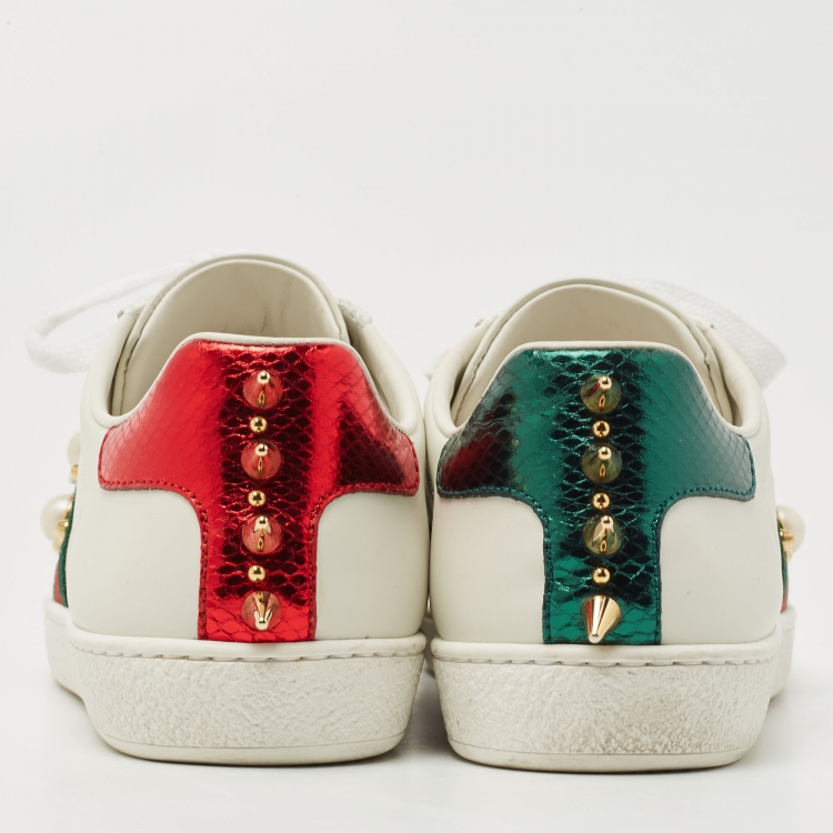 Pre Owned Gucci White/Green Leather Pearl Embellished Ace Sneakers Size 37
