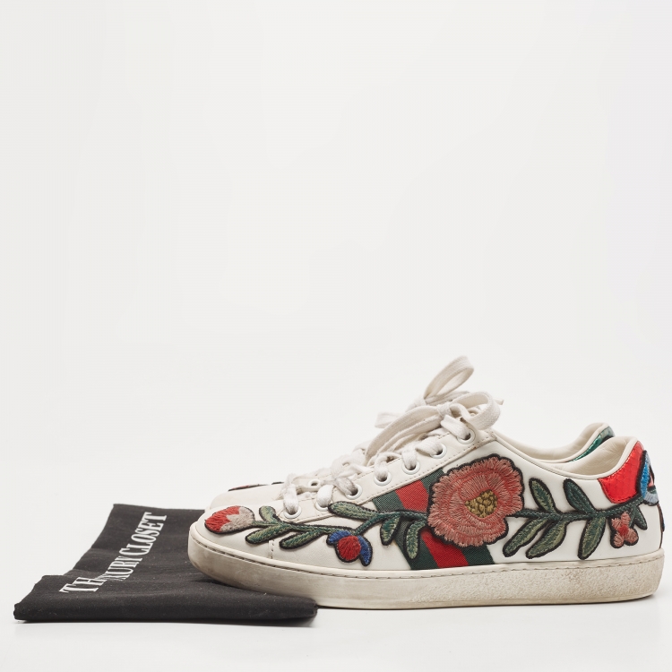 Pre Owned Gucci White Leather Floral Embroidered Ace Sneakers Size 36.5