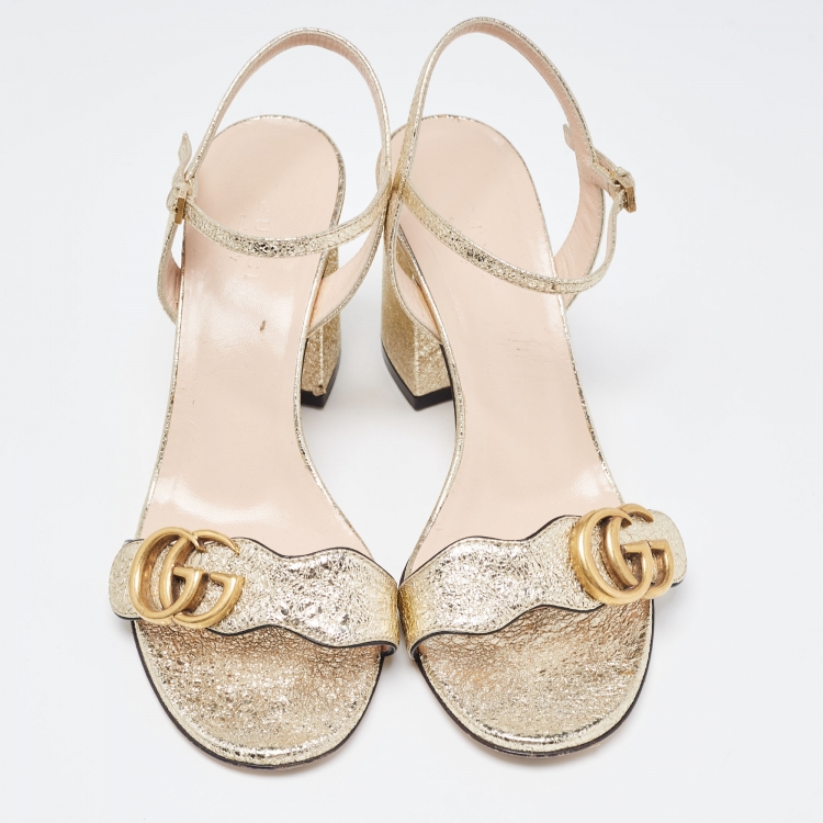 Pre Owned Gucci Gold Textured Leather GG Marmont Ankle Strap Sandals Size 37