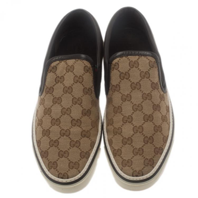 Pre Owned Gucci GG Canvas and Leather Slip On Sneakers Size 43.5