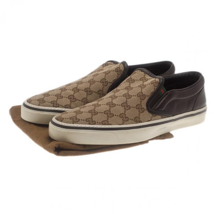 Pre Owned Gucci GG Canvas and Leather Slip On Sneakers Size 43.5
