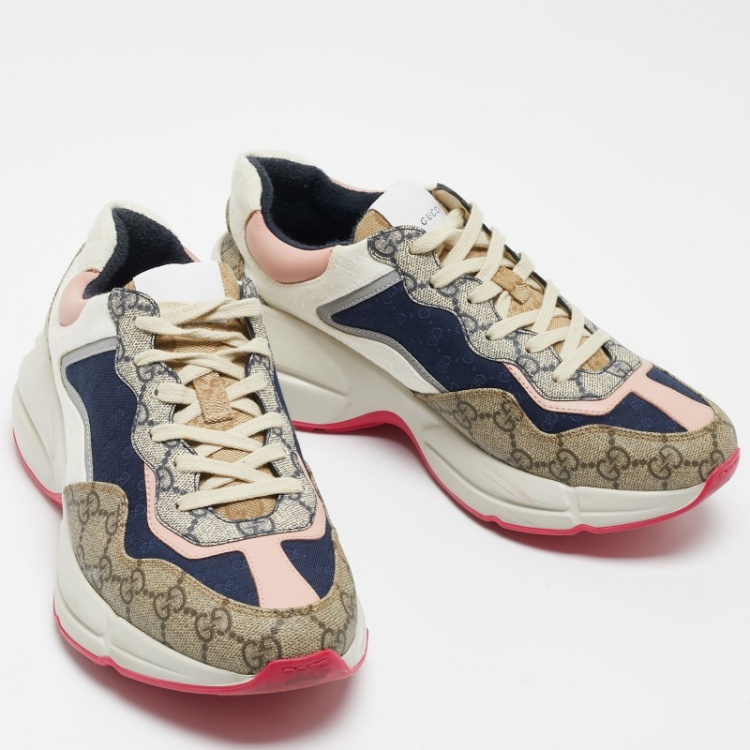Pre Owned Gucci Multicolor Canvas and Leather Rhyton Sneakers Size 39