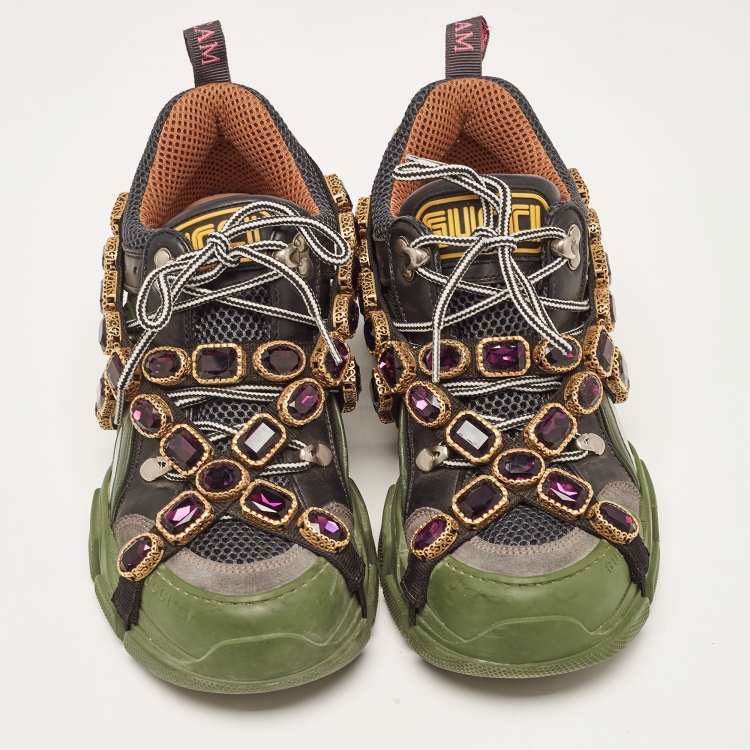 Pre Owned Gucci Multicolor Leather and Mesh Flashtrek Removable Crystals Sneakers Size 38