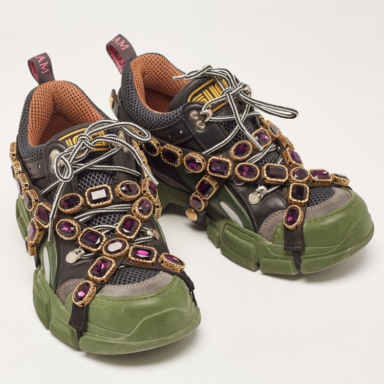 Pre Owned Gucci Multicolor Leather and Mesh Flashtrek Removable Crystals Sneakers Size 38