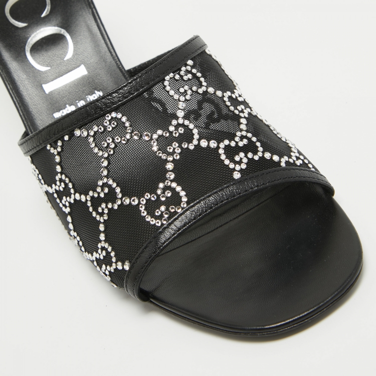 Pre Owned Gucci Black GG Crystal Embellished Mesh Slide Sandals Size 41.5
