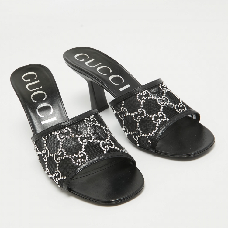 Pre Owned Gucci Black GG Crystal Embellished Mesh Slide Sandals Size 41.5
