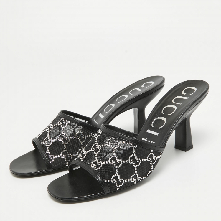 Pre Owned Gucci Black GG Crystal Embellished Mesh Slide Sandals Size 41.5
