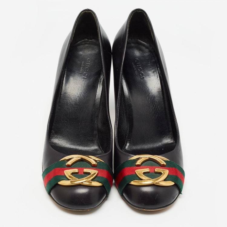 Pre Owned Gucci Black Leather Web Interlocking G Buckle Pumps Size 38