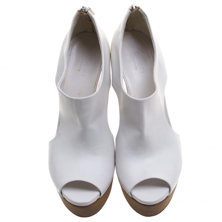 Pre Owned Gucci White Cutout Leather Clemence Platform Wedge Ankle Boots Size 37
