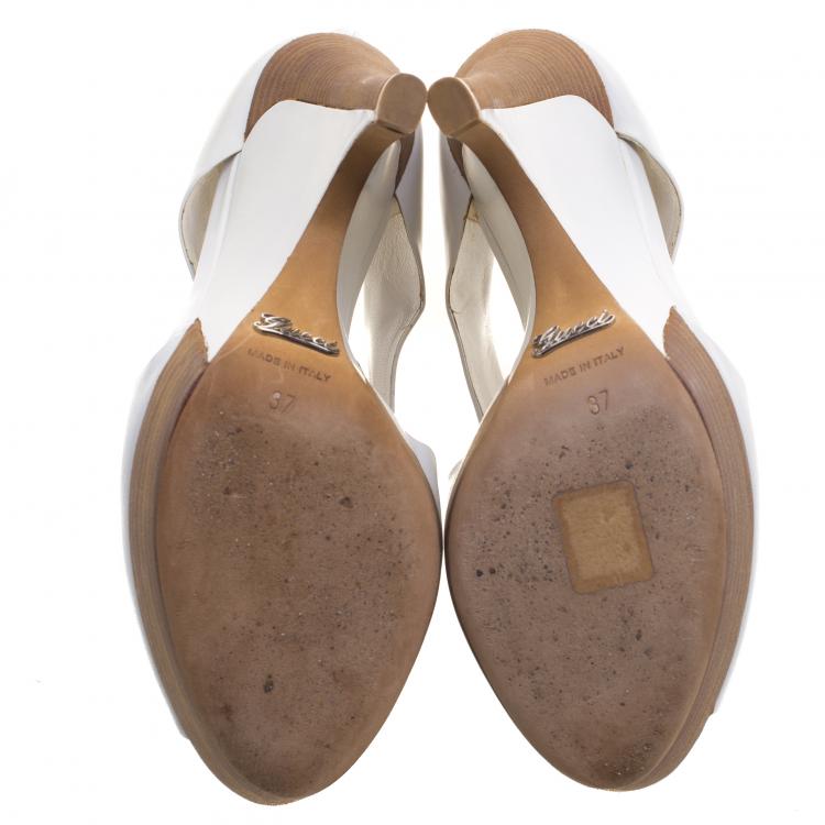 Pre Owned Gucci White Cutout Leather Clemence Platform Wedge Ankle Boots Size 37