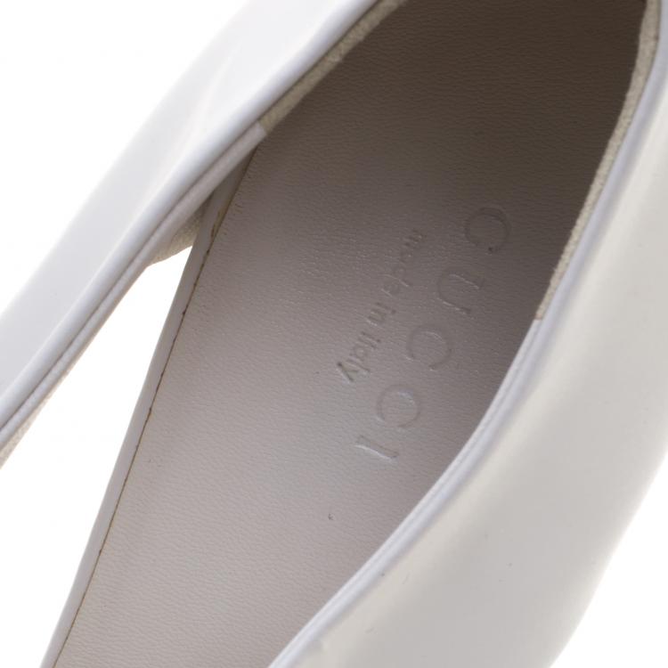 Pre Owned Gucci White Cutout Leather Clemence Platform Wedge Ankle Boots Size 37