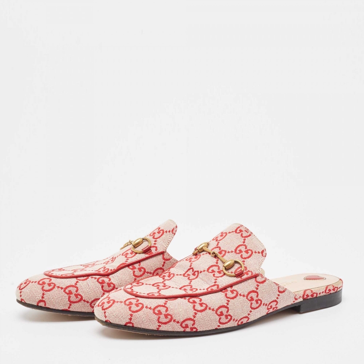 Pre Owned Gucci White/Red GG Canvas Princetown Flat Mules Size 38