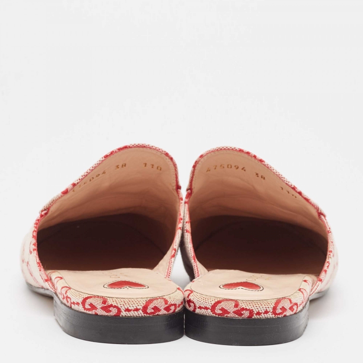 Pre Owned Gucci White/Red GG Canvas Princetown Flat Mules Size 38