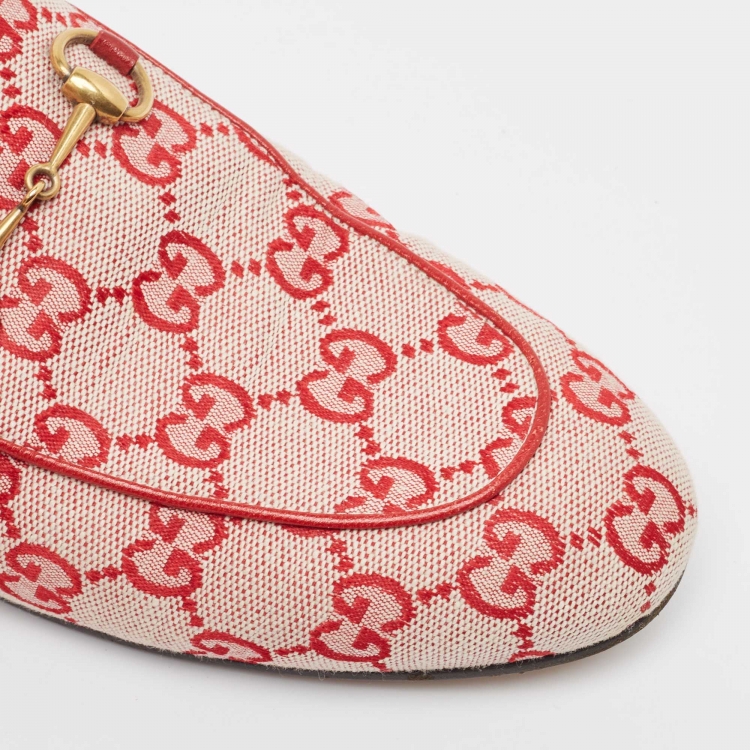 Pre Owned Gucci White/Red GG Canvas Princetown Flat Mules Size 38