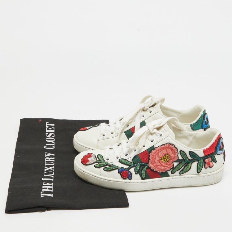 Pre Owned Gucci White Leather Ace Web Low Top Sneakers Size 34