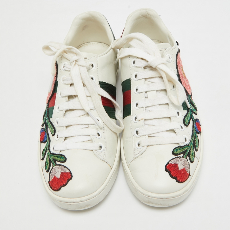 Pre Owned Gucci White Leather Ace Web Low Top Sneakers Size 34