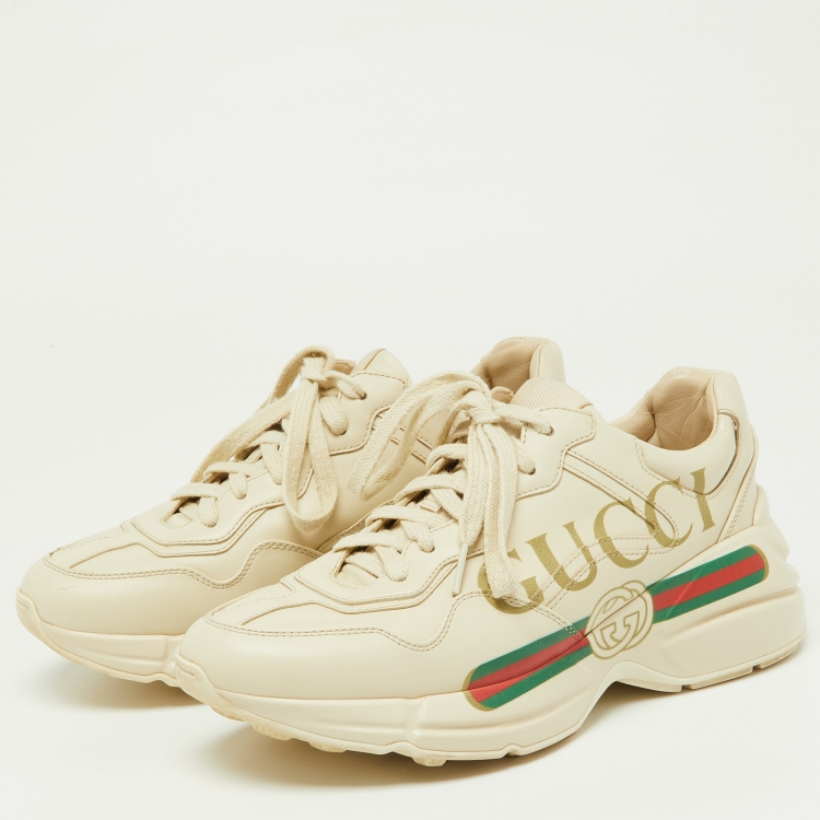 Pre Owned Gucci Cream Leather Rhyton Low Top Sneakers Size 38