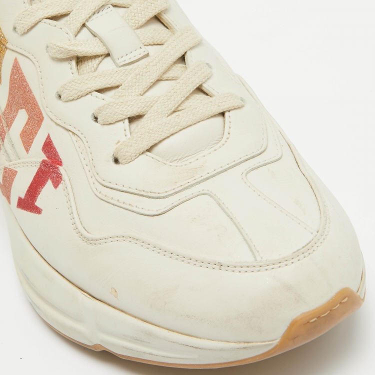 Pre Owned Gucci Beige Leather Glitter Logo Rhyton Sneakers Size 38
