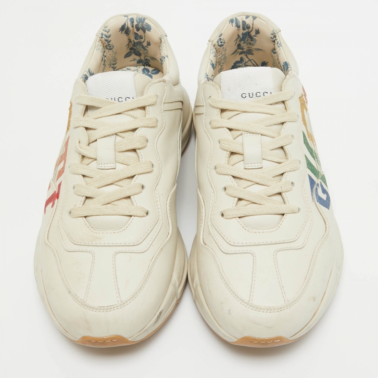 Pre Owned Gucci Beige Leather Glitter Logo Rhyton Sneakers Size 38