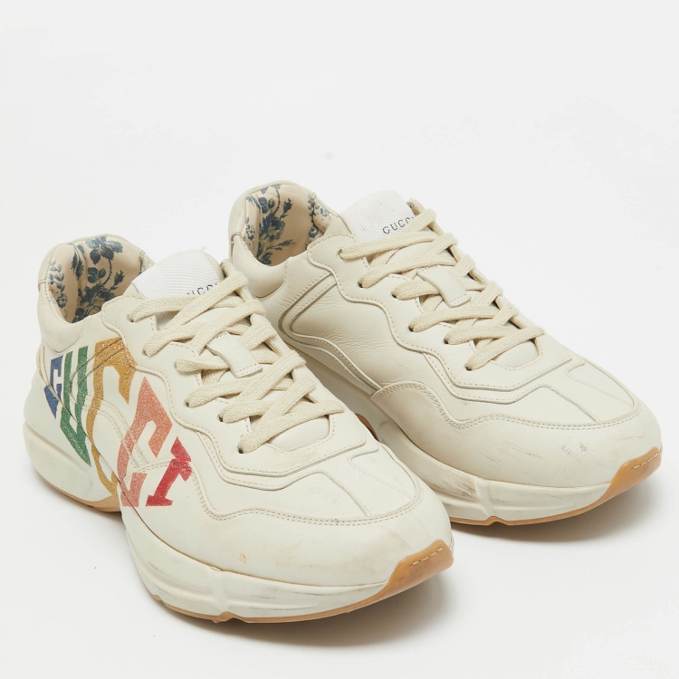 Pre Owned Gucci Beige Leather Glitter Logo Rhyton Sneakers Size 38
