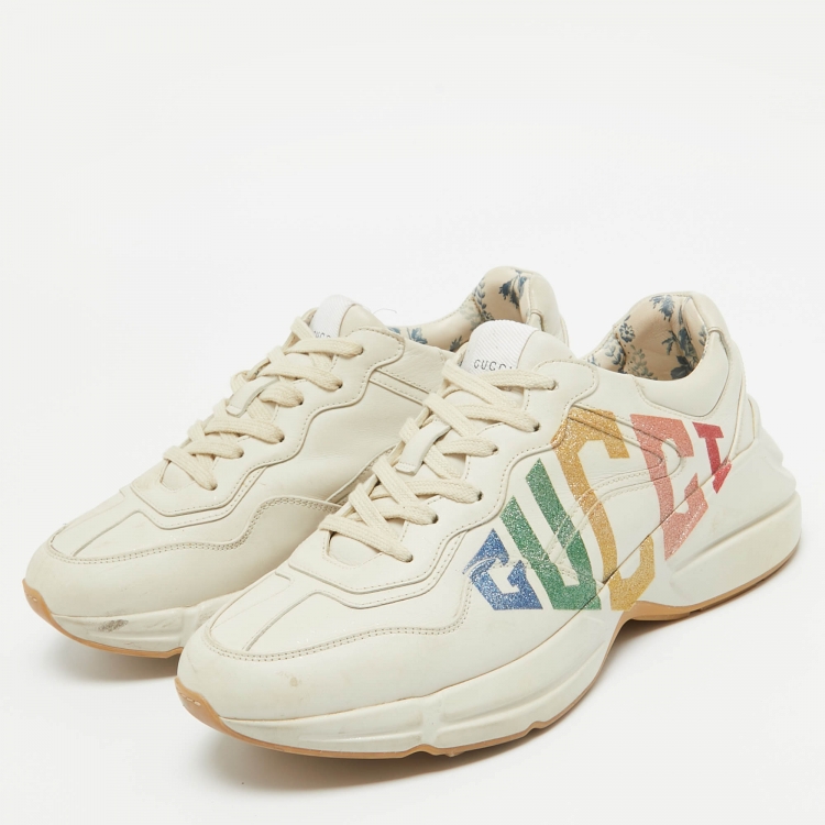 Pre Owned Gucci Beige Leather Glitter Logo Rhyton Sneakers Size 38