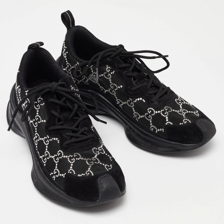 Pre Owned Gucci Black Mesh and Suede Run Crystal Embellished Sneakers Size 40