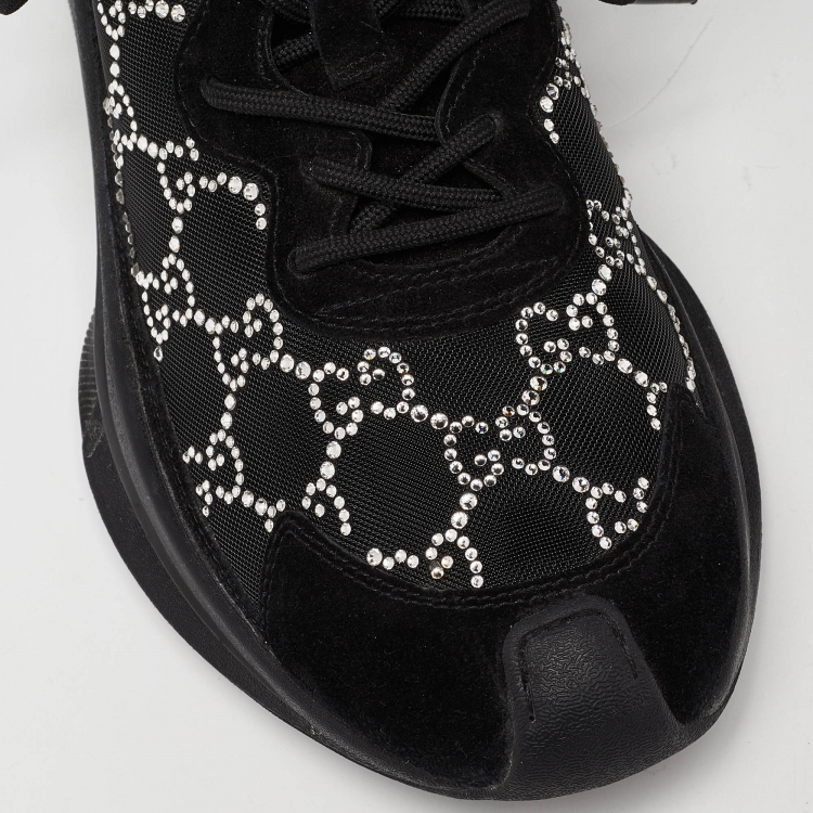 Pre Owned Gucci Black Mesh and Suede Run Crystal Embellished Sneakers Size 40