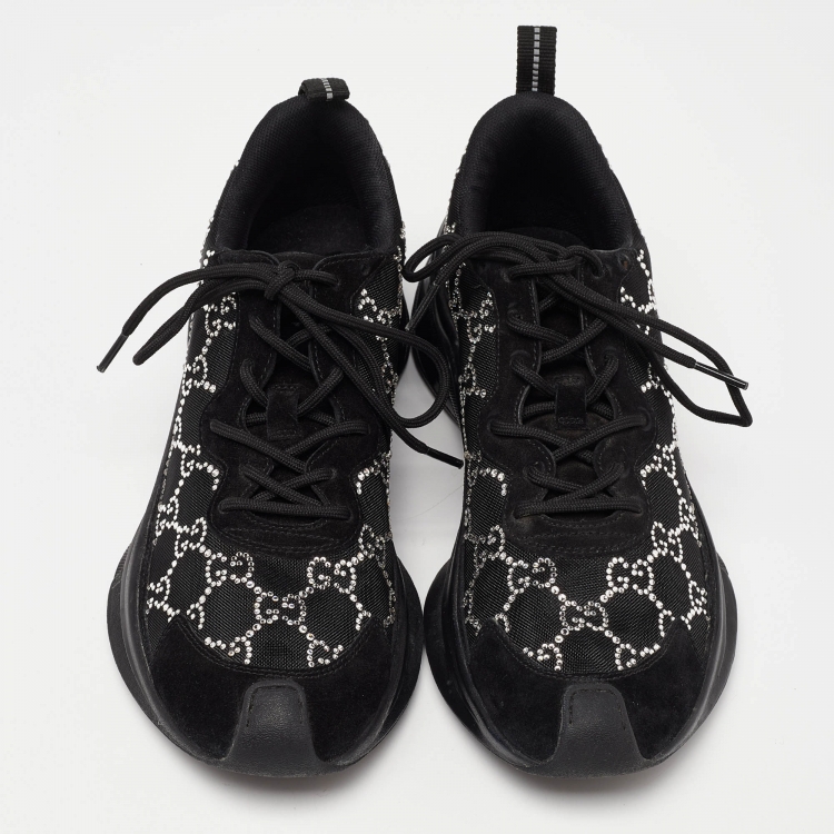 Pre Owned Gucci Black Mesh and Suede Run Crystal Embellished Sneakers Size 40