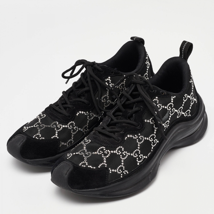 Pre Owned Gucci Black Mesh and Suede Run Crystal Embellished Sneakers Size 40