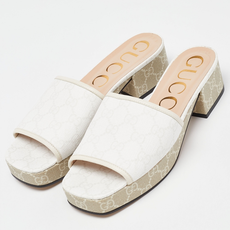 Gucci White GG Canvas Block Heel Slide Sandals Size 38 TLC