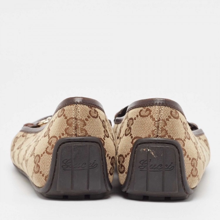 Pre Owned Gucci Brown Canvas and Leather Horsebit Loafers Size 40.5